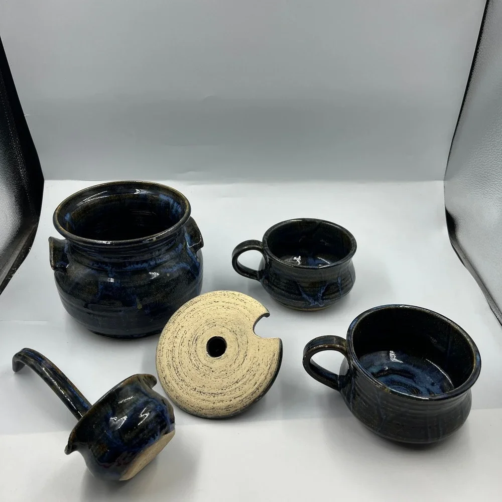 Vintage Signed Studio Pottery Soup Pot with Lid Ladle and 2‎ Bowls Blue Glaze